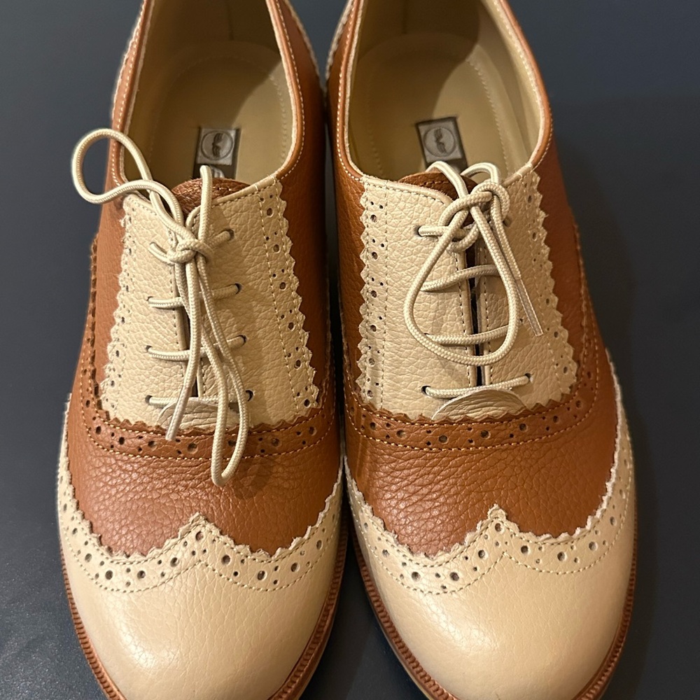 ESTODAS Two-Tone Leather Oxford Brogue Wingtips | Tan & Brown | Sz 5 W